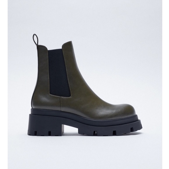 Zara Shoes - ZARA Low-Heeled Lug Sole Green Ankle Boots